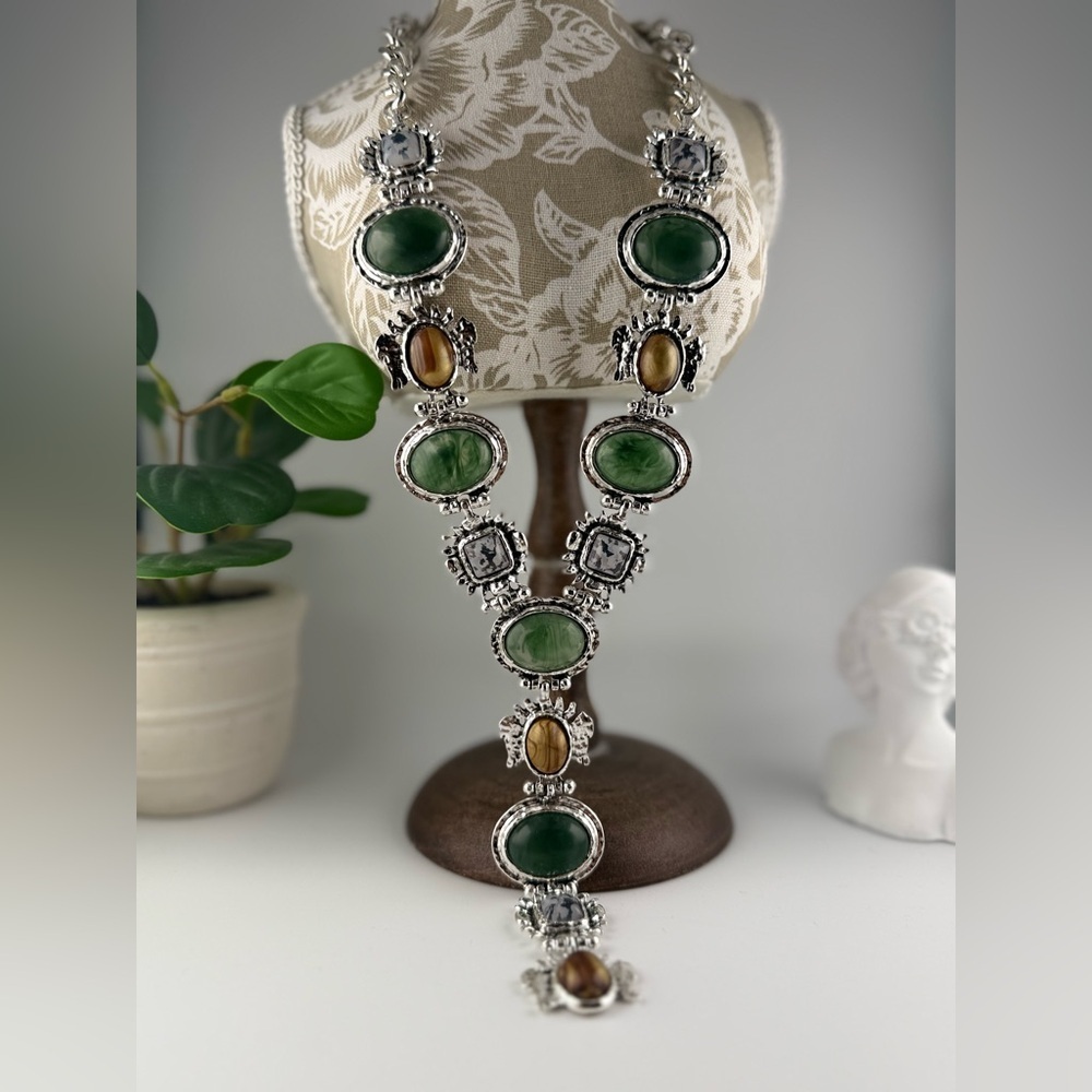 Vintage-Style Statement Necklace — Green & Amber Gem Accents - Picture 1 of 9